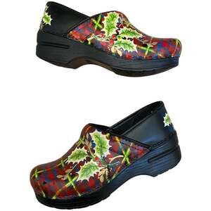 Dansko Professional Clogs EUR 35 US 5 Hand Painted Christmas Holly Plaid #7/50